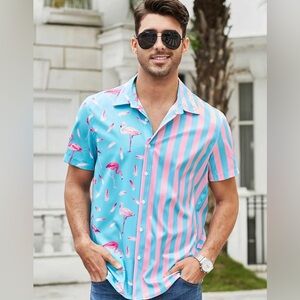 VatPave Men's Short Sleeve Flamingo Print Button-Up Shirt in Blue and Pink